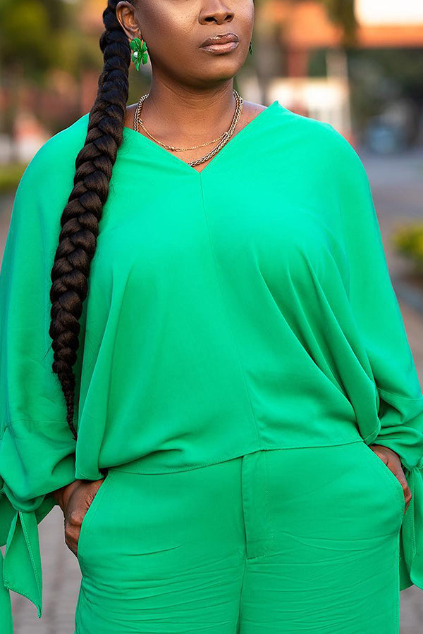 Casual V-neck Knotted Cuff Top & Pants Set