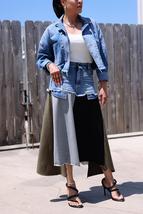 Stylish Raw Hem Denim Jacket & Skirt Set