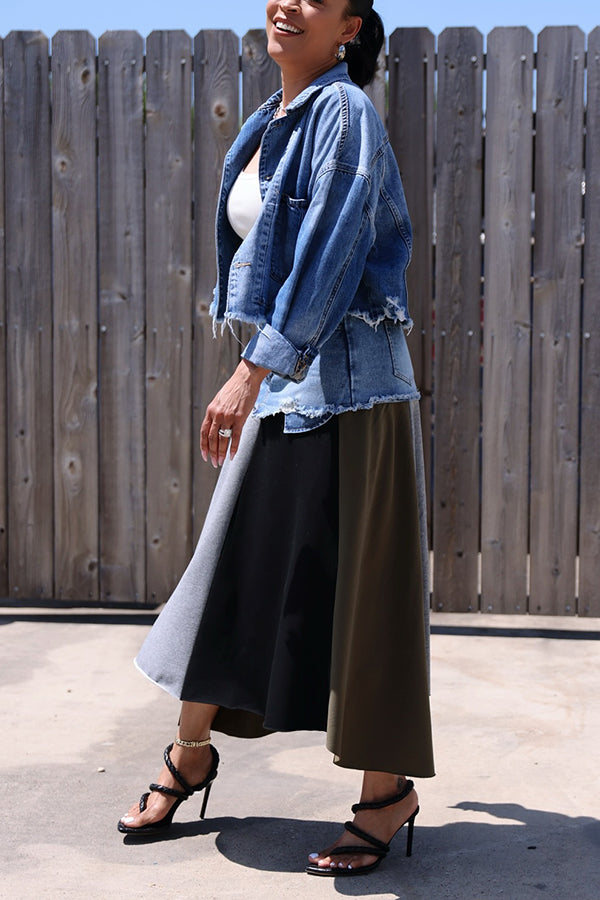 Stylish Raw Hem Denim Jacket & Skirt Set