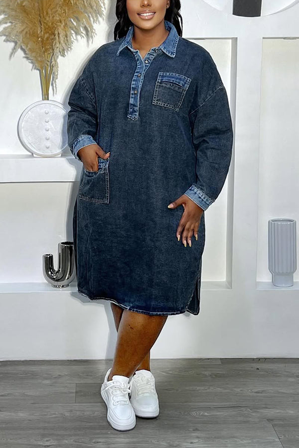 Casual Shirt Neck Pockets Denim Dress