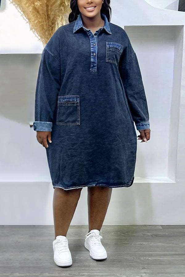 Casual Shirt Neck Pockets Denim Dress
