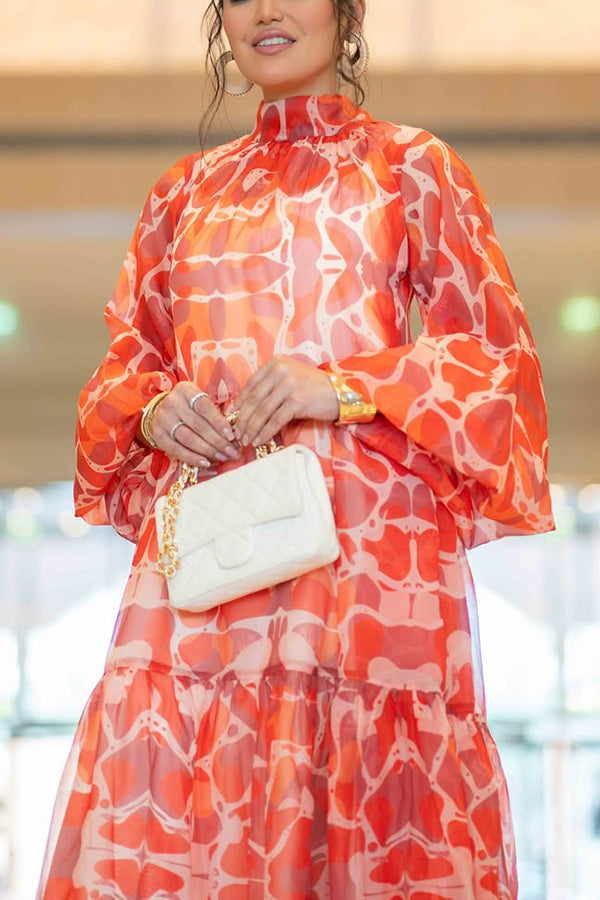 Stylish Lantern Sleeve Graphic Print Dress