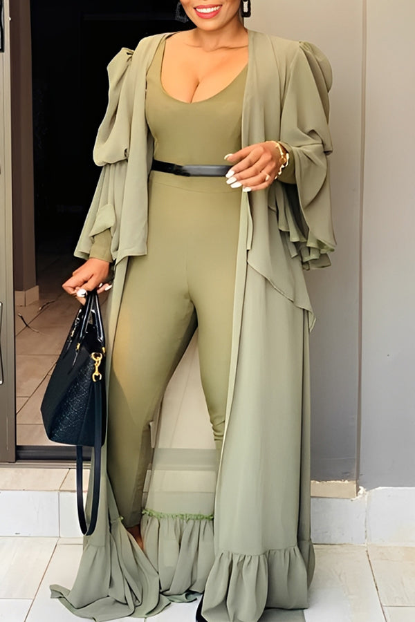 Stylish Trumpet Sleeve Ruffle Hem Long Top