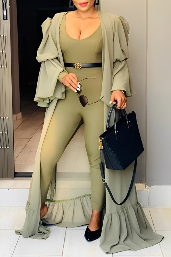 Stylish Trumpet Sleeve Ruffle Hem Long Top