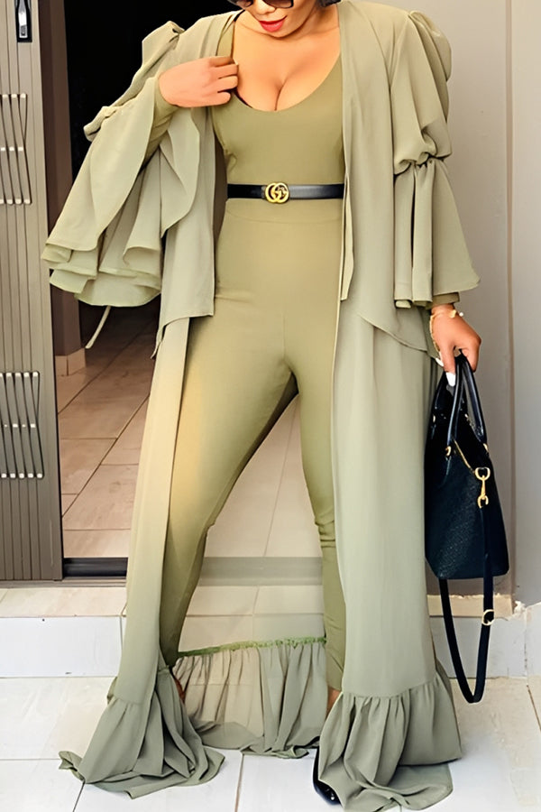 Stylish Trumpet Sleeve Ruffle Hem Long Top