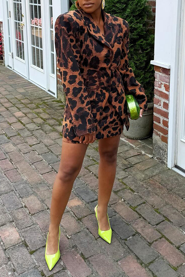 Stylish Leopard Print Peaked Lapel Blazer  & Skirt Set