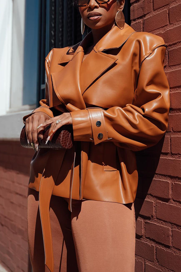 Fashion Lapel Neck Belted PU Leather Jacket