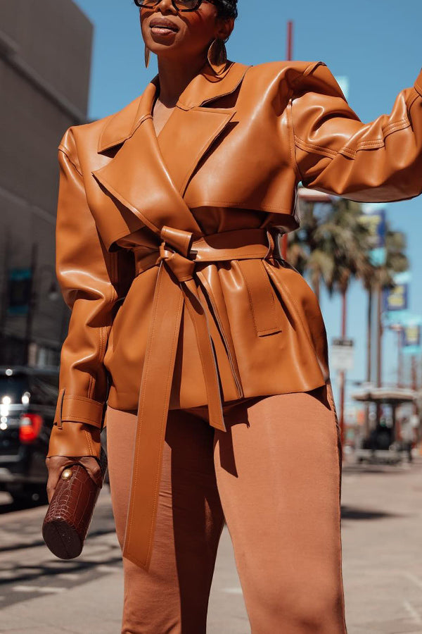 Fashion Lapel Neck Belted PU Leather Jacket