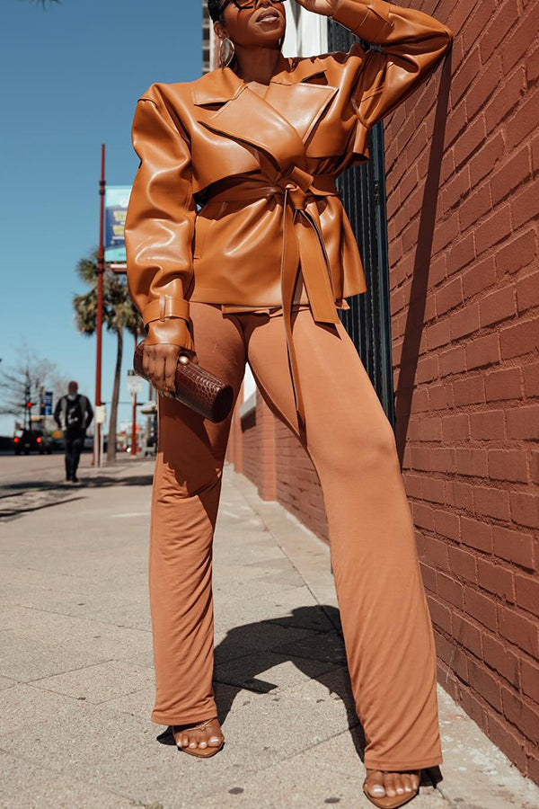 Fashion Lapel Neck Belted PU Leather Jacket