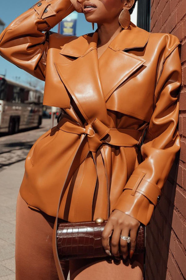 Fashion Lapel Neck Belted PU Leather Jacket