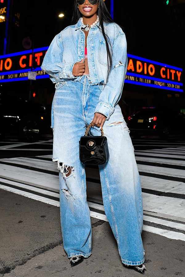 Stylish Denim Crop Jacket & Jeans Set