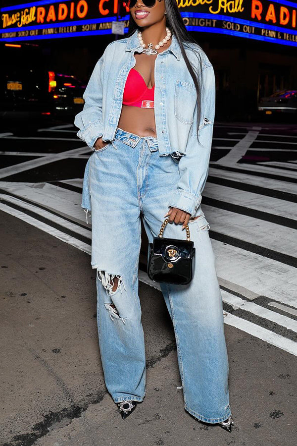 Stylish Denim Crop Jacket & Jeans Set