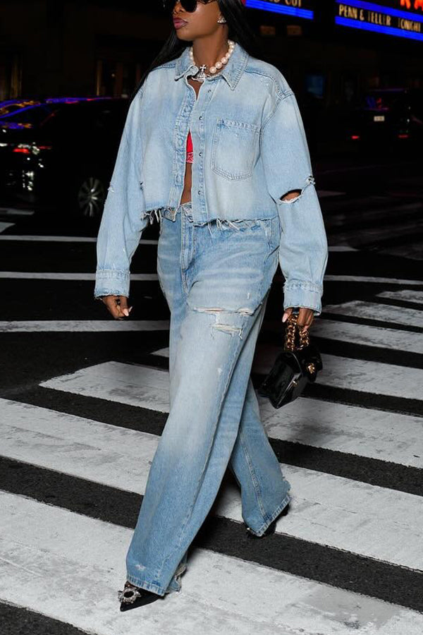 Stylish Denim Crop Jacket & Jeans Set