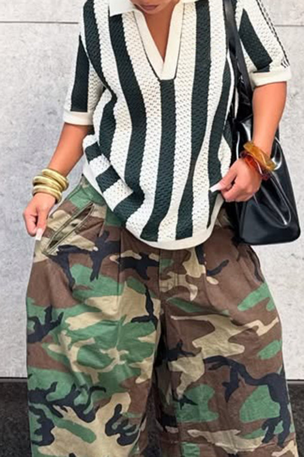 Casual Striped V Collared T-shirt