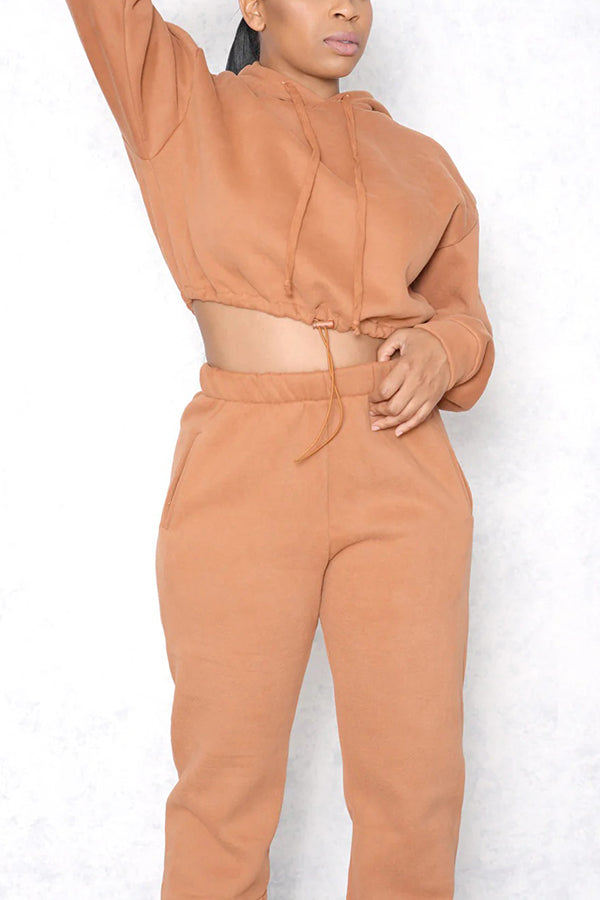 Casual Drawstring Crop Hoodie & Pants Set