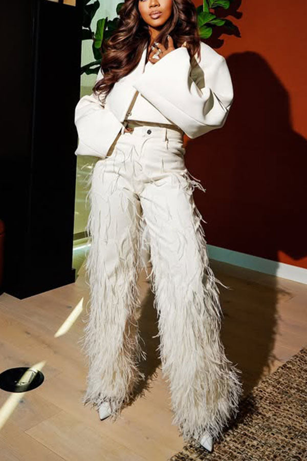  Stylish Feather Detail Straight-leg Pants