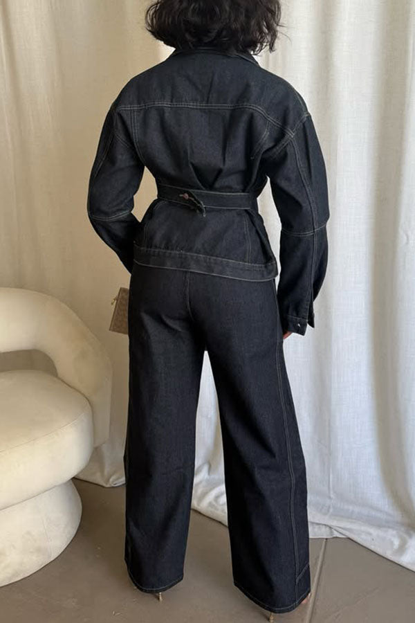 Stylish Denim Button-down Jacket & Pants Set