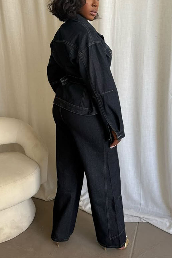 Stylish Denim Button-down Jacket & Pants Set