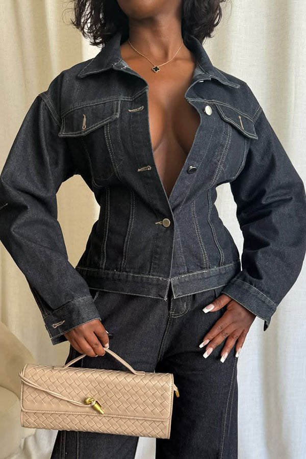 Stylish Denim Button-down Jacket & Pants Set