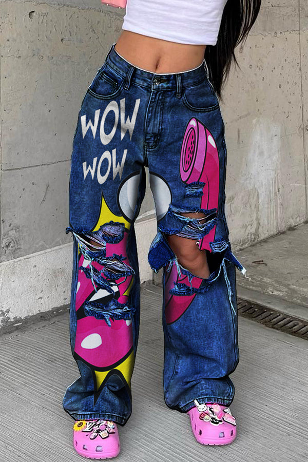 Stylish Ripped Graphic Print Jeans