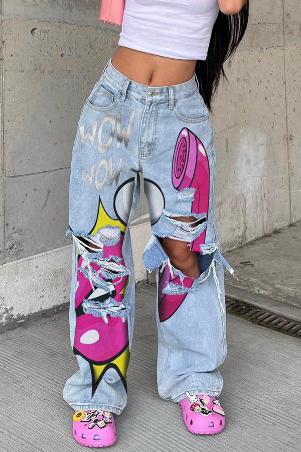 Stylish Ripped Graphic Print Jeans