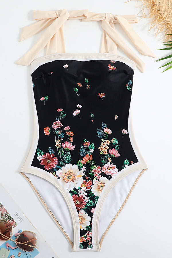 Retro Print One-Piece Swimsuit & Cover-Up Skirt Set