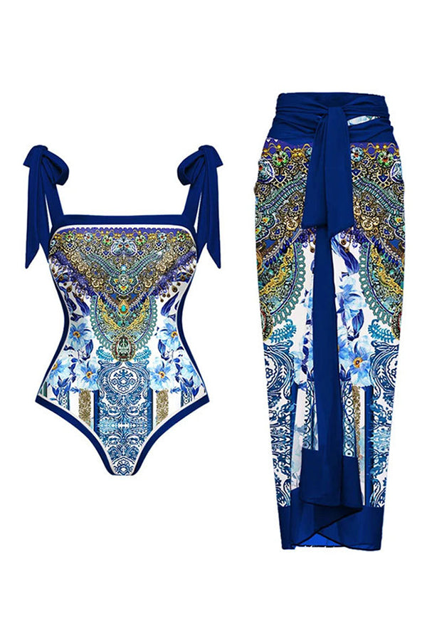 Retro Print One-Piece Swimsuit & Cover-Up Skirt Set