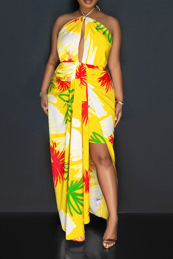 Stylish Tropical Print Ruched Dress