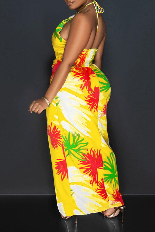 Stylish Tropical Print Ruched Dress