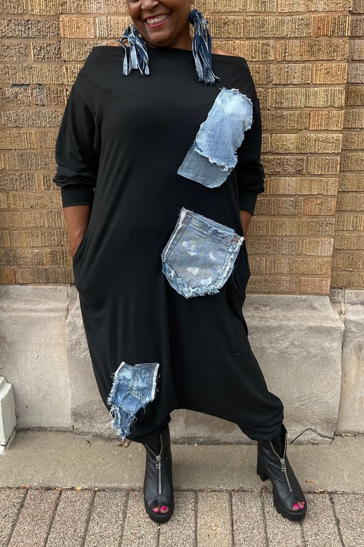 Street Style Raw Edge Denim Patchwork Harem Jumpsuit