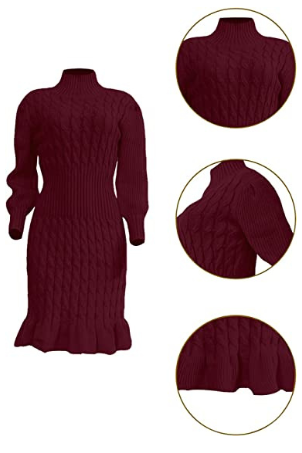 High Neck Cable Knit Ruffle Hem Dress