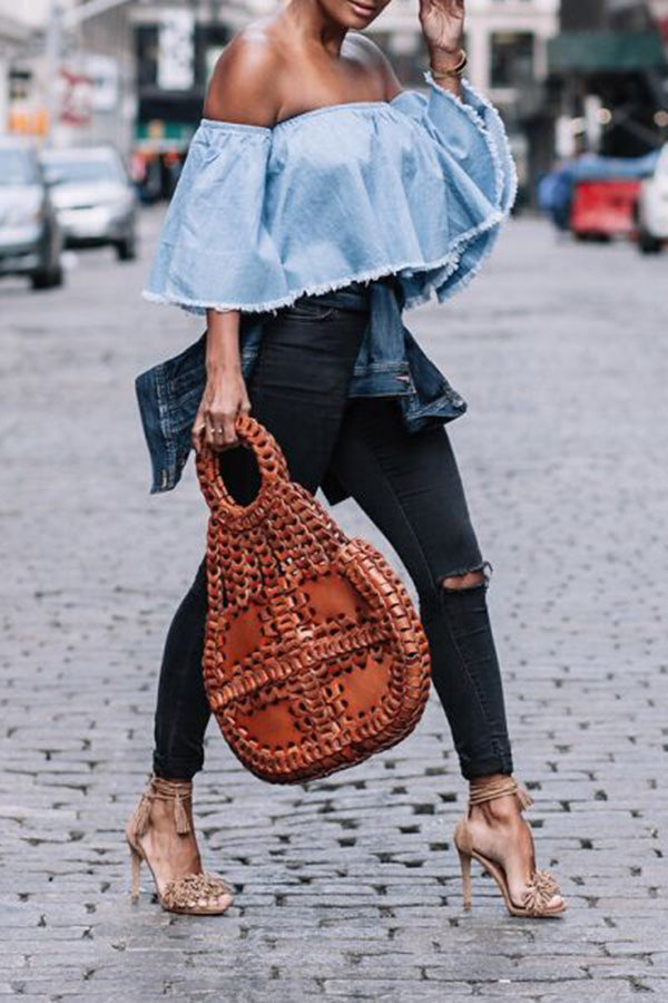 Off Shoulder Raw Trim Denim Top