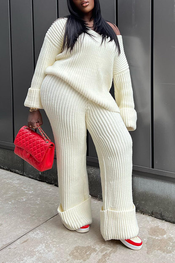  Casual Ribbed Knit Sweater & Pants Set