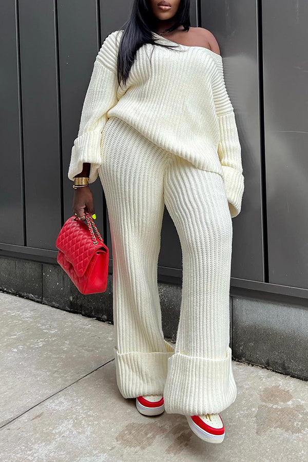  Casual Ribbed Knit Sweater & Pants Set