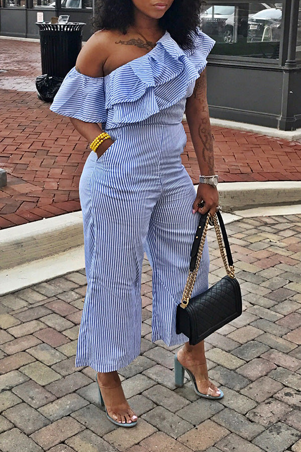 Oblique Neck Layered Ruffle Striped Jumpsuit