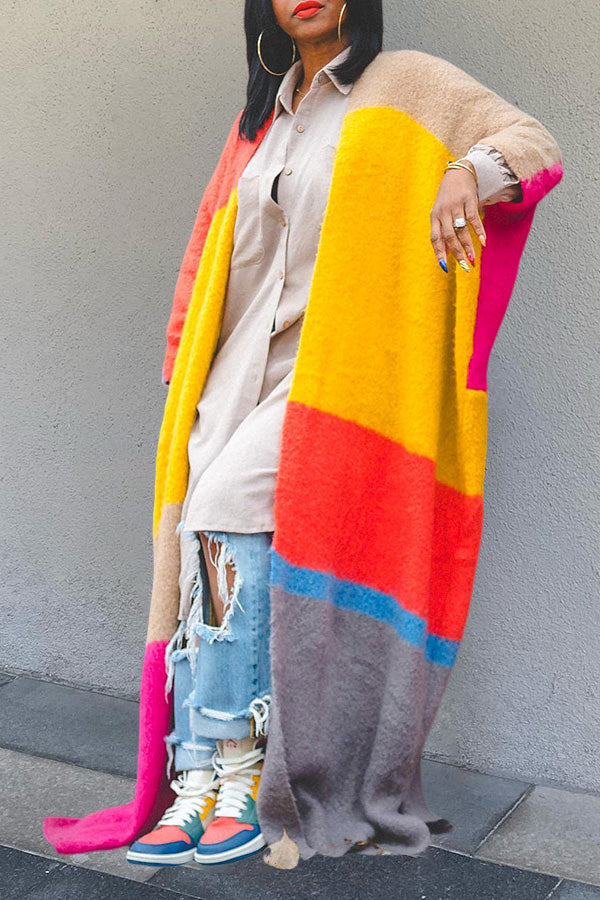 Colourful Colorblock Drop Shoulder Knit Cardigan