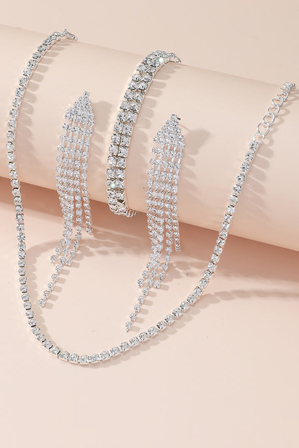 Rhinestone Choker Tassel Earrings Bracelet Set