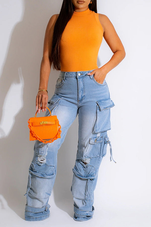 Casual Flap Pocket Ripped Jeans