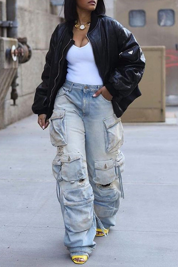 Casual Flap Pocket Ripped Jeans