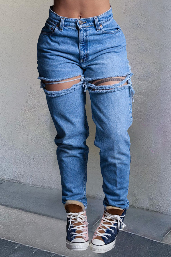 Casual Ripped  Raw Trim Jeans