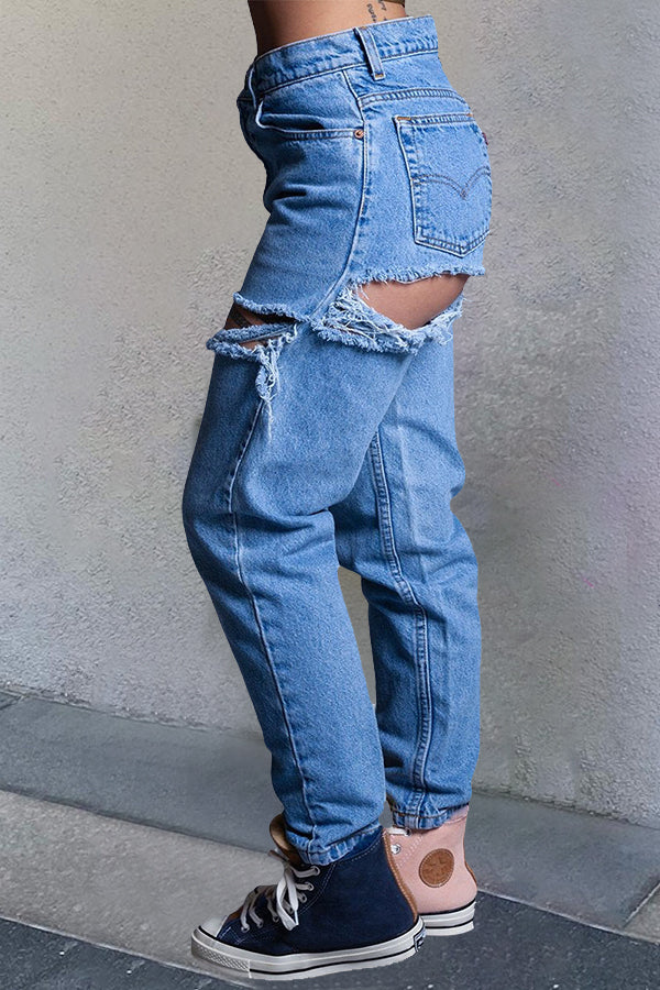 Casual Ripped  Raw Trim Jeans