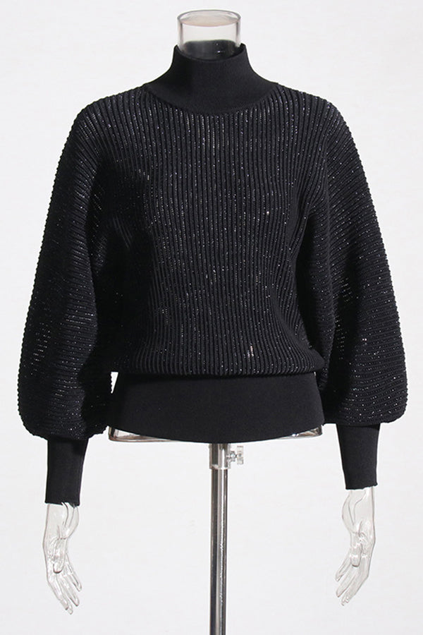 Chic High Neck Glitter Pleated Sweater