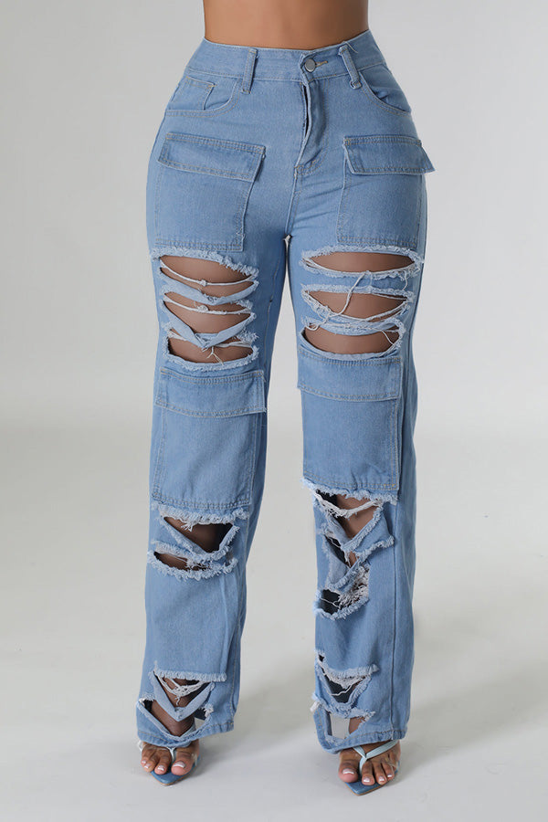 Casual Ripped Raw Trim Jeans