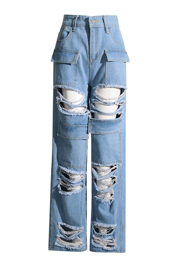Casual Ripped Raw Trim Jeans