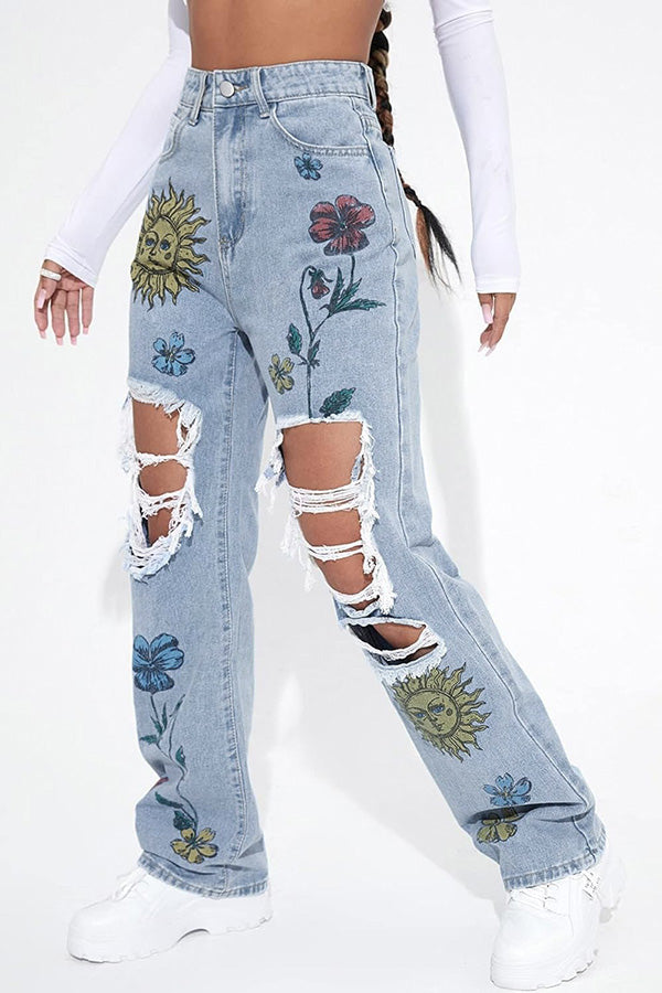 Casual Figure Graphic Ripped Jeans