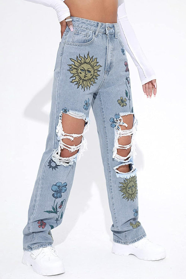 Casual Figure Graphic Ripped Jeans