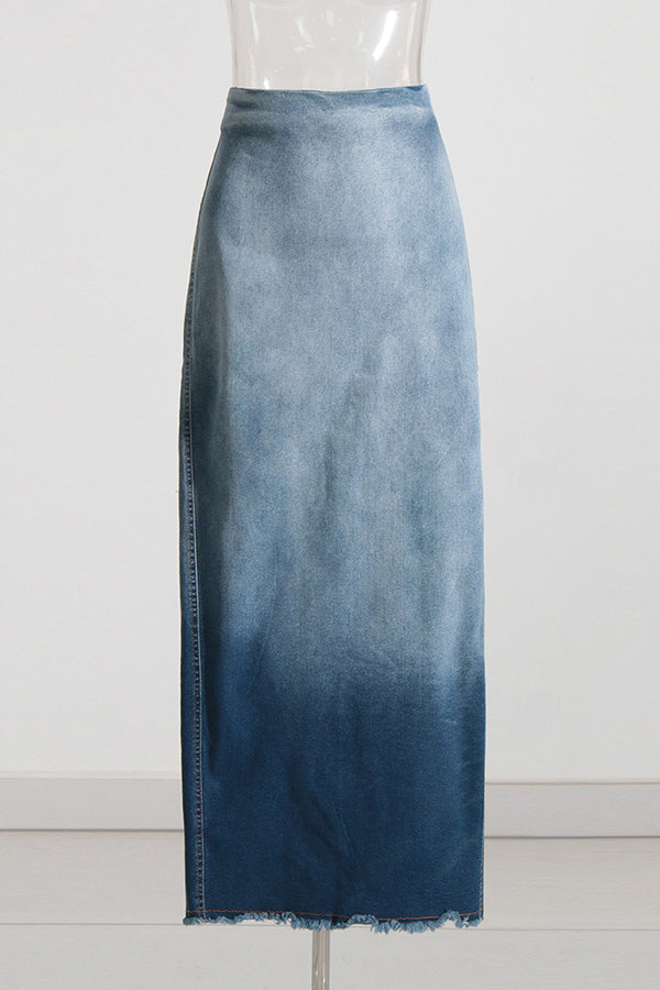 Casual Denim Ombre Split Hem Skirt