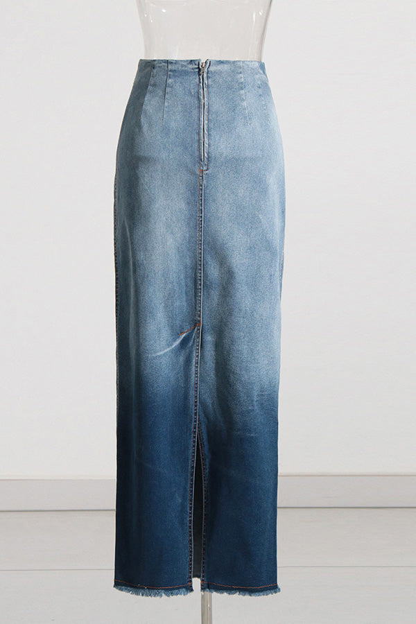 Casual Denim Ombre Split Hem Skirt