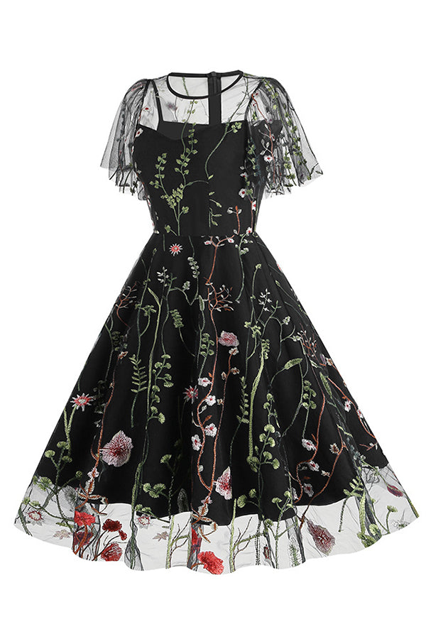 Elegant Floral Print Mesh Midi Dress