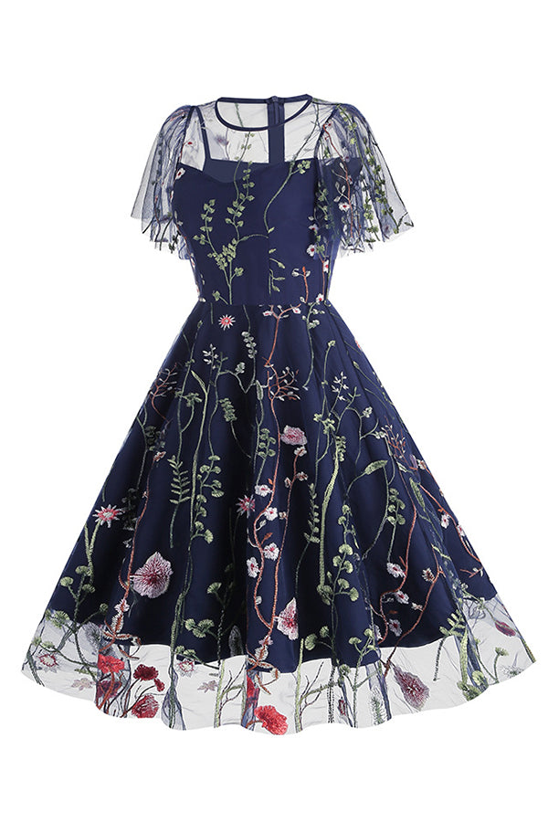 Elegant Floral Print Mesh Midi Dress